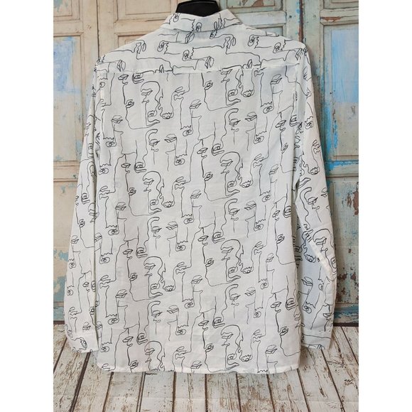 Asos Womens Size XL White Sketchy Faces Print Long Sleeve Button Up Shirt Top - Picture 2 of 7